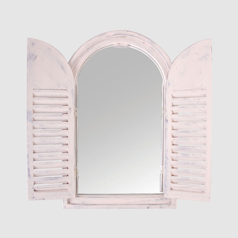 Miroir blanc arrondi avec portes en bois