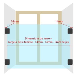 schéma pour les dimensions du verre, mesurer la largeur de la fenêtre et enlever 33mm