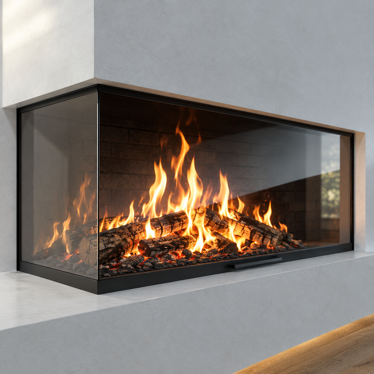 Cheminée moderne à trois faces en feu