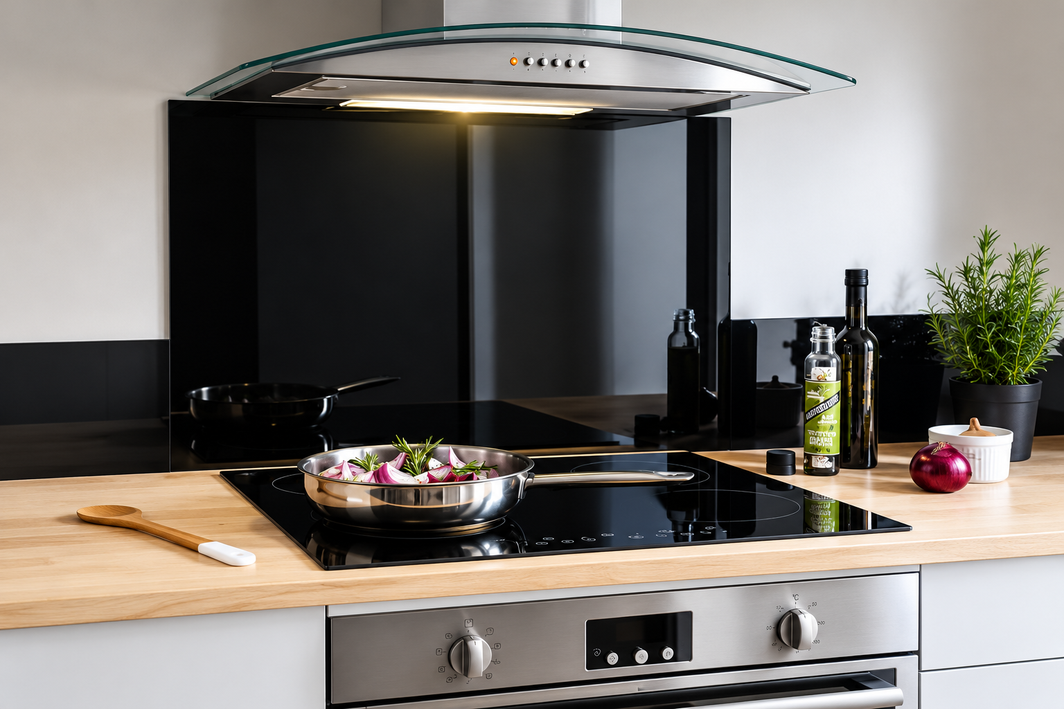 Cuisine moderne avec hotte en verre noire